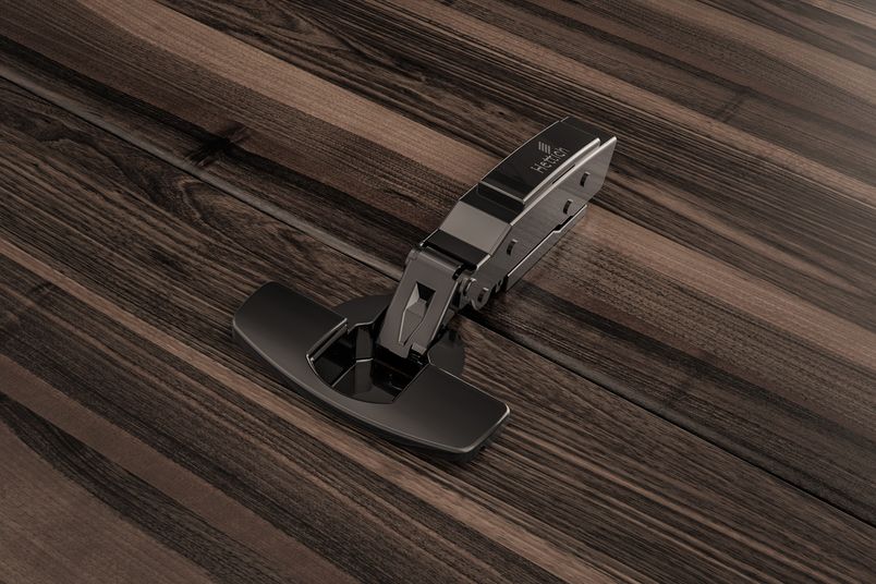 The Sensys soft-close hinge by Hettich in Obsidian Black.