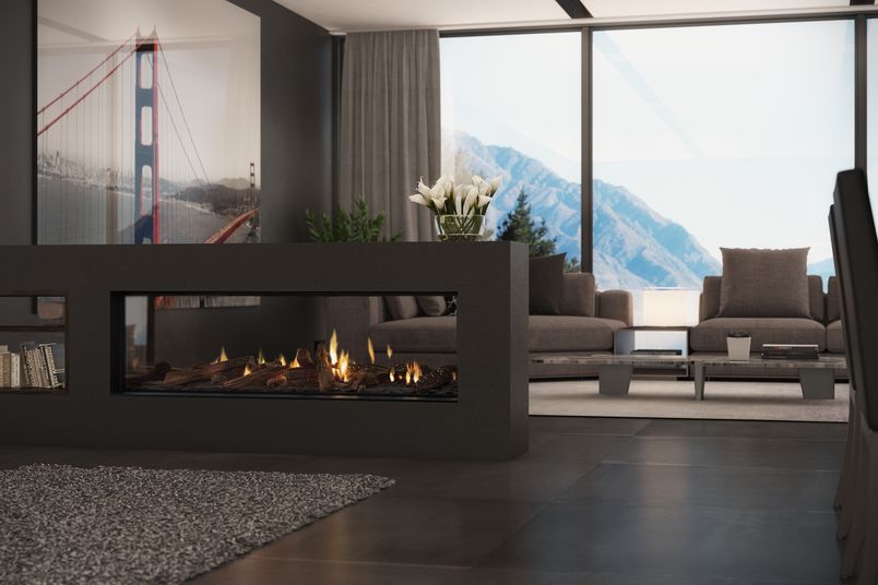The fire in Escea’s DS1400 double-sided fireplace can be turned on remotely.