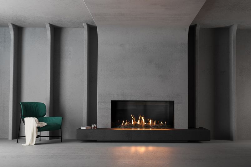 The Mode KS1460 single-sided gas fireplace has impressive scale and seamless detail.
