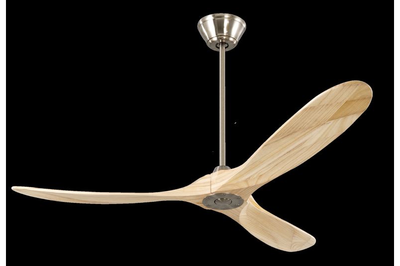 Milano Slider ceiling fan in brushed steel with natural wood blades and a long pole.