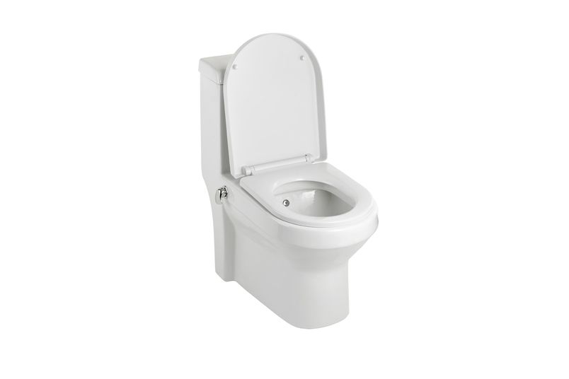 Wudumate Turkish-style Toilet open, showing douche handle and nozzle.