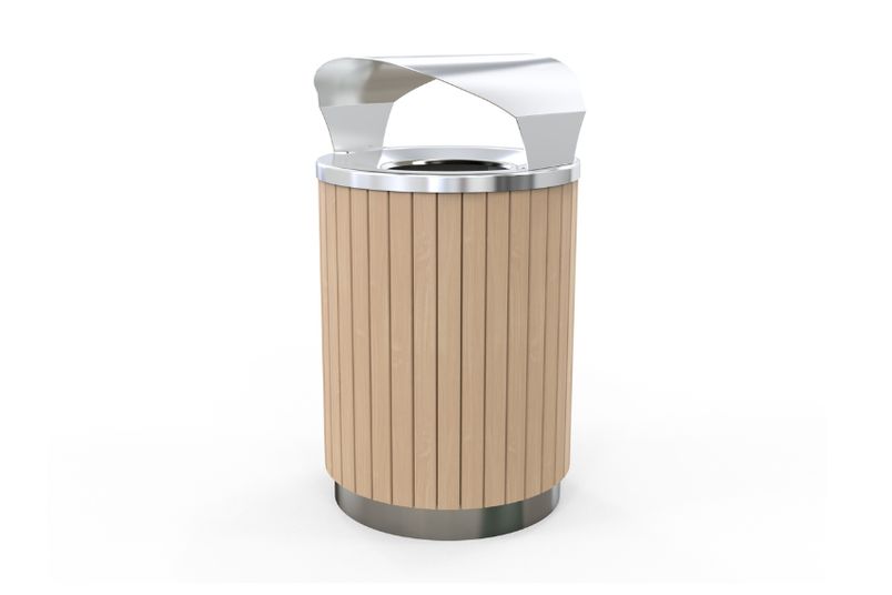 Astra Street Furniture's London bin shown in stainless steel covered top with mixed Blonde slats.